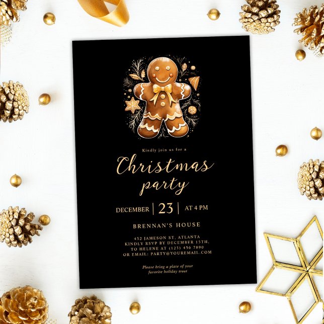 Christmas Party Gingerbread Gold Black Holiday Invitation (Christmas Party Gingerbread Gold Black Holiday Invitation)