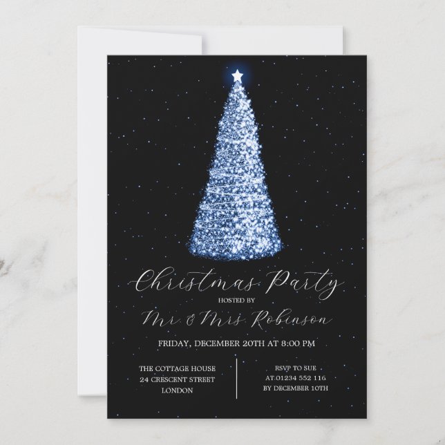 Christmas Party Glam Navy Blue Tree Sparkle Invitation (Front)