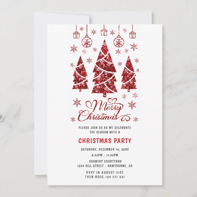 Christmas Party Glitter red tree  Invitation (Front)