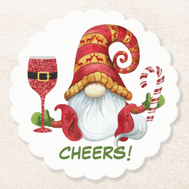 Christmas Party Gnome Cheers Beverage Coaster (Front)