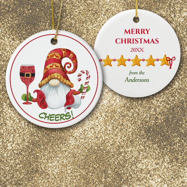 Christmas Party Gnome Cheers Ceramic Ornament (Creator Uploaded)