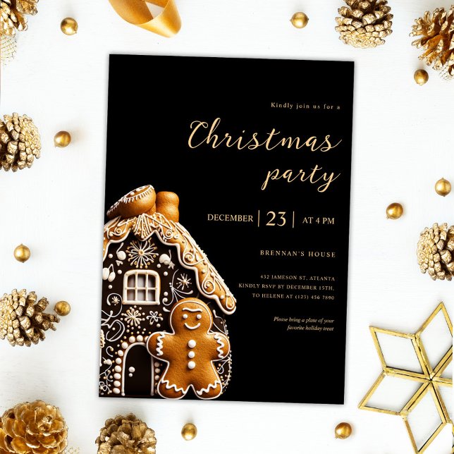 Christmas Party Gold Black Gingerbread Holiday Invitation (Christmas Party Gold Black Gingerbread Holiday Invitation)