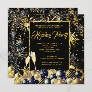 Christmas Party Gold Black Snowflakes Holiday Invitation