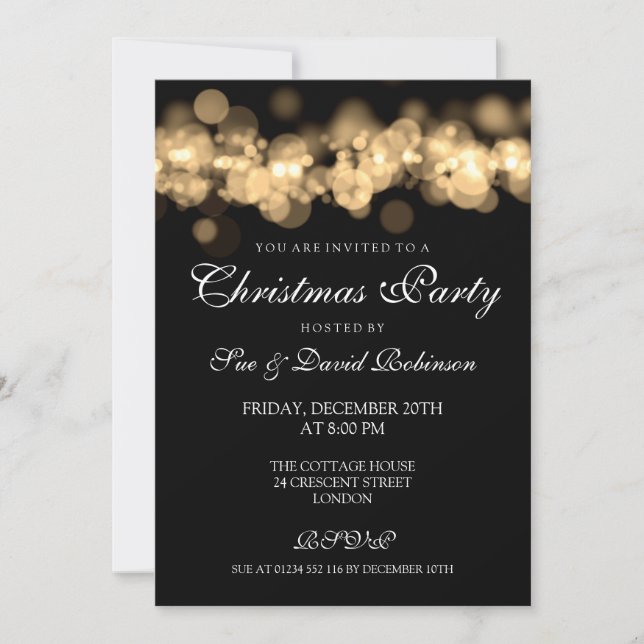 Christmas Party Gold Bokeh Lights Invitation (Front)
