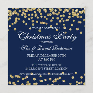Christmas Party Gold Glitter Confetti Navy Blue Invitation