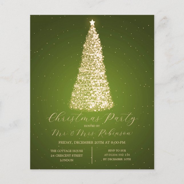 Christmas Party Gold Green Tree Sparkle Invite Flyer (Front)