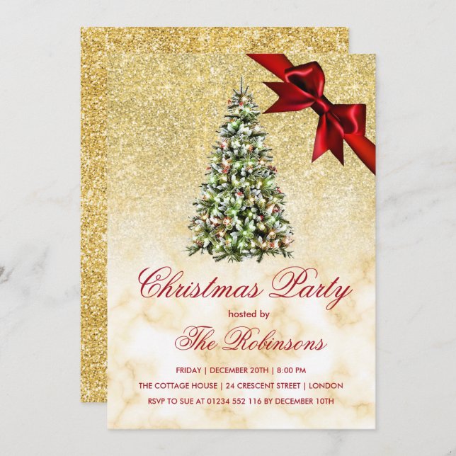 Christmas Party | Gold Marble Tree & Red Ribbon  Invitation (Front/Back)