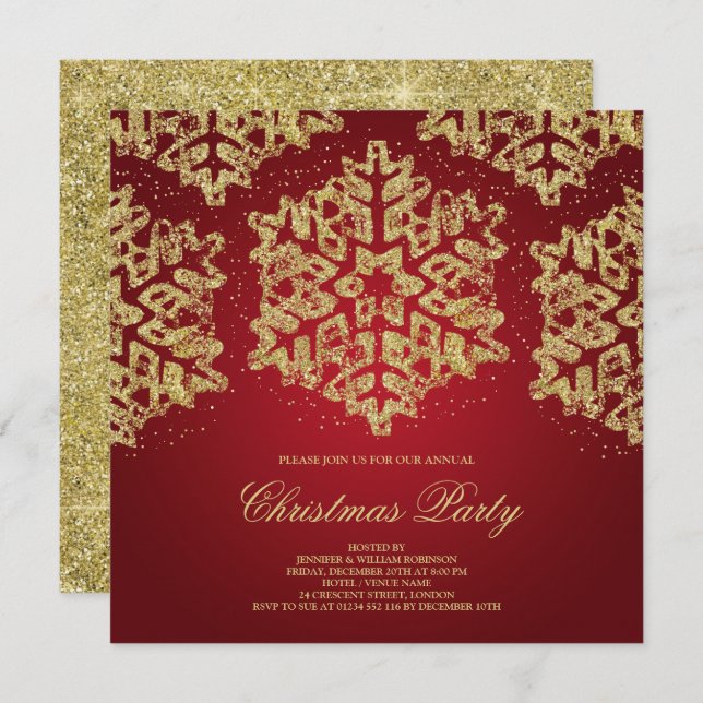 Christmas Party Gold & Red Glitter Elegant Invitation (Front/Back)