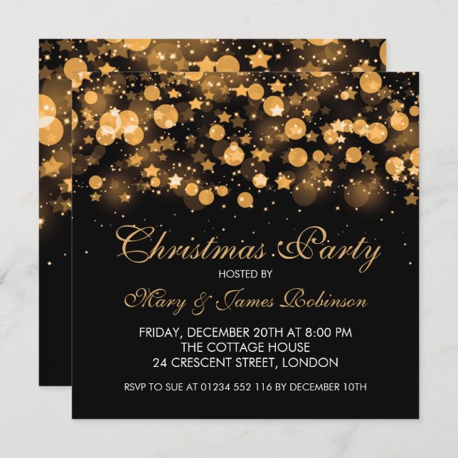 Christmas Party Gold Sparkling Stars & Lights Invitation (Front/Back)