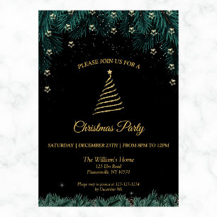 Christmas Party   Gold Tree, Stars & Pine Branches Invitation