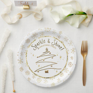 Christmas Party Gold White Sparkle and Shine Paper Plate