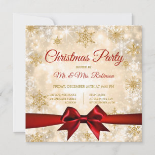 Christmas Party Gold Winter Sparkle Red Ribbon Invitation