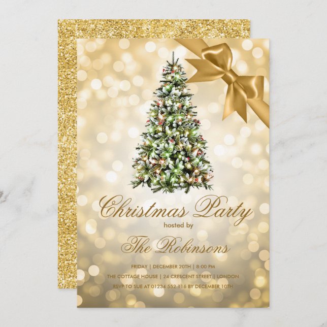 Christmas Party | Gold Xmas Tree Lights Ribbon Invitation (Front/Back)