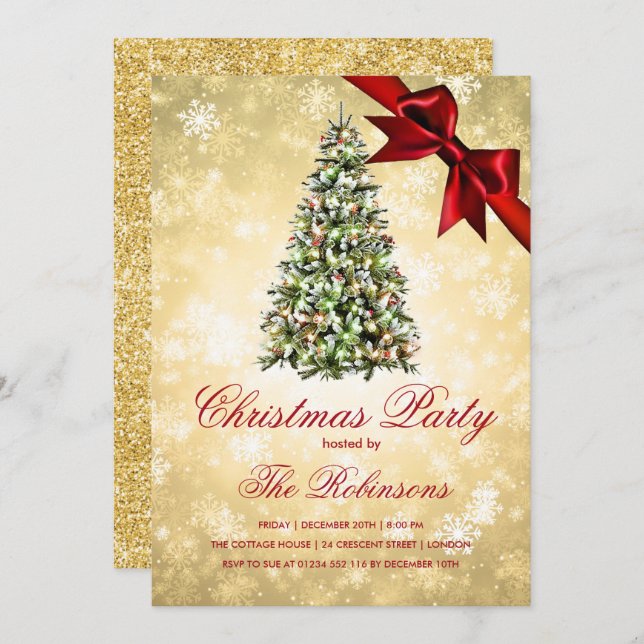 Christmas Party | Gold Xmas Tree Ribbon Glitter Invitation (Front/Back)