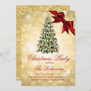 Christmas Party   Gold Xmas Tree Ribbon Glitter Invitation