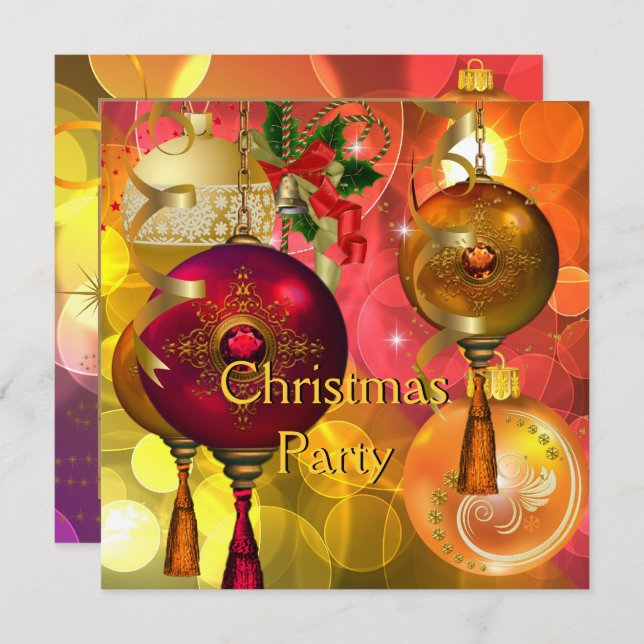 Christmas Party Gold Yellow Green Red Xmas Invitation (Front/Back)