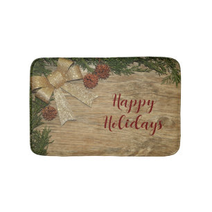 Christmas Party Golden Green Leaves Red Rustic Bath Mat