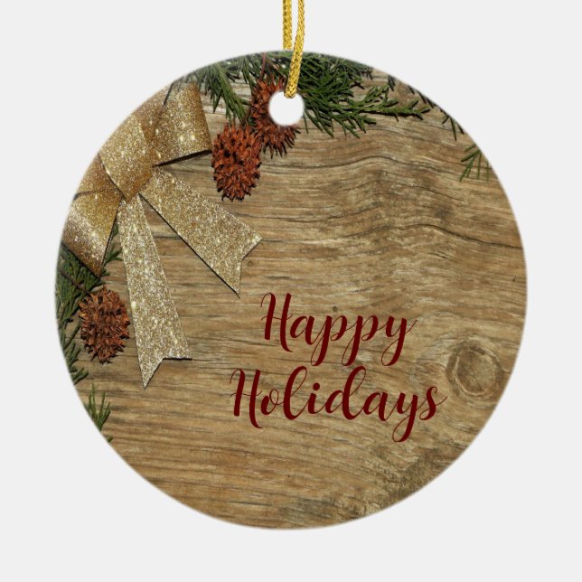 Christmas Party Golden Green Leaves Red Rustic Ceramic Ornament (Front)