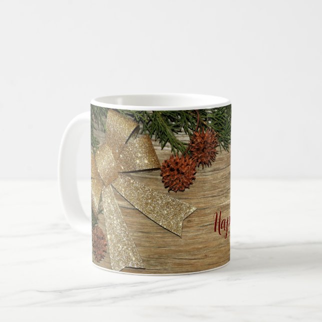 Christmas Party Golden Green Leaves Red Rustic Coffee Mug (Front Left)