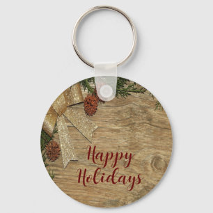 Christmas Party Golden Green Leaves Red Rustic Key Ring