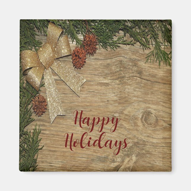 Christmas Party Golden Green Leaves Red Rustic Magnet (Front)