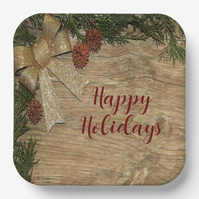 Christmas Party Golden Green Leaves Red Rustic Paper Plate (Front)
