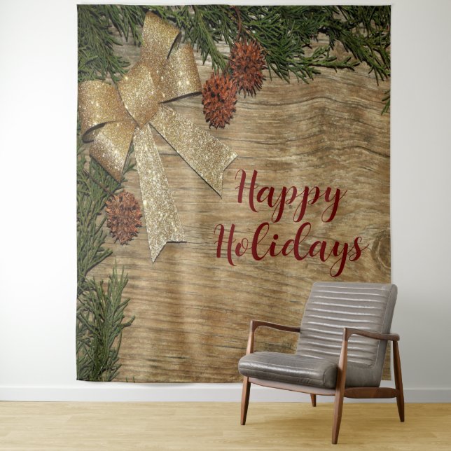 Christmas Party Golden Green Leaves Red Rustic Tapestry (In Situ)