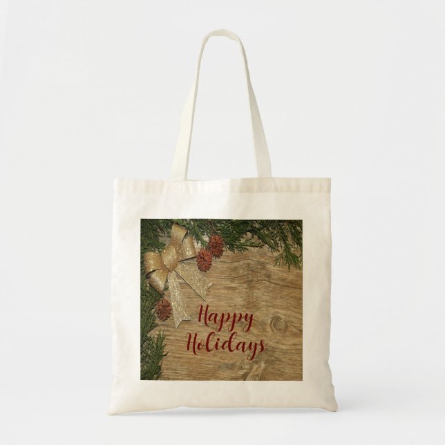 Christmas Party Golden Green Leaves Red Rustic Tote Bag (Front)