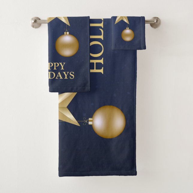 Christmas Party Golden Ornament Navy Blue Elegant Bath Towel Set (Insitu)