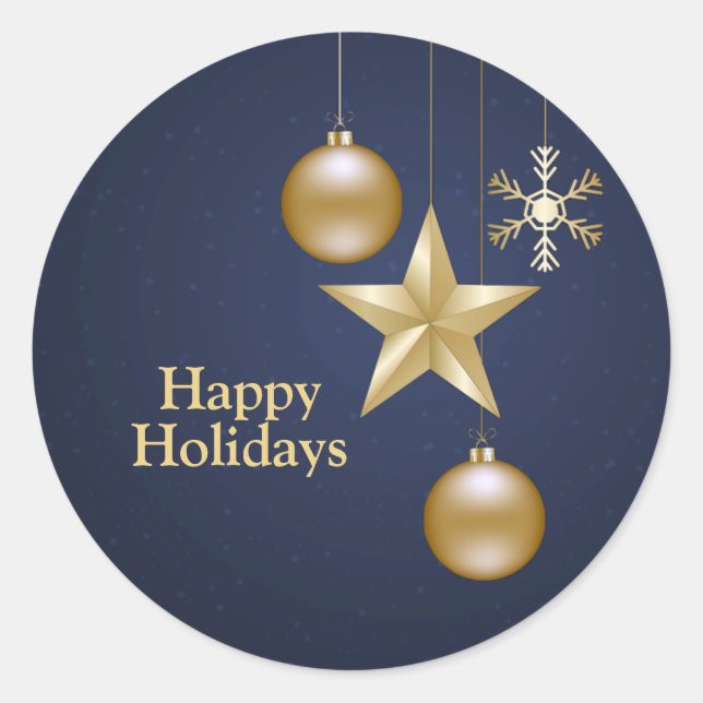 Christmas Party Golden Ornament Navy Blue Elegant Classic Round Sticker (Front)