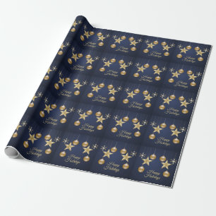 Christmas Party Golden Ornament Navy Blue Elegant Wrapping Paper