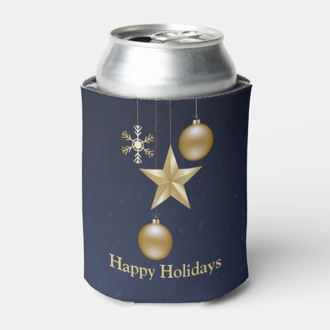 Christmas Party Golden Ornaments Navy Blue Elegant Can Cooler (Can Front)