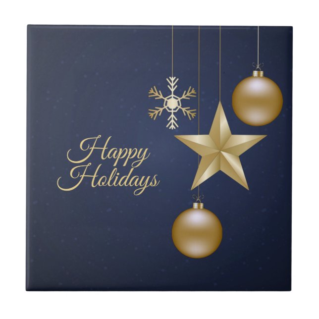 Christmas Party Golden Ornaments Navy Blue Elegant Ceramic Tile (Front)