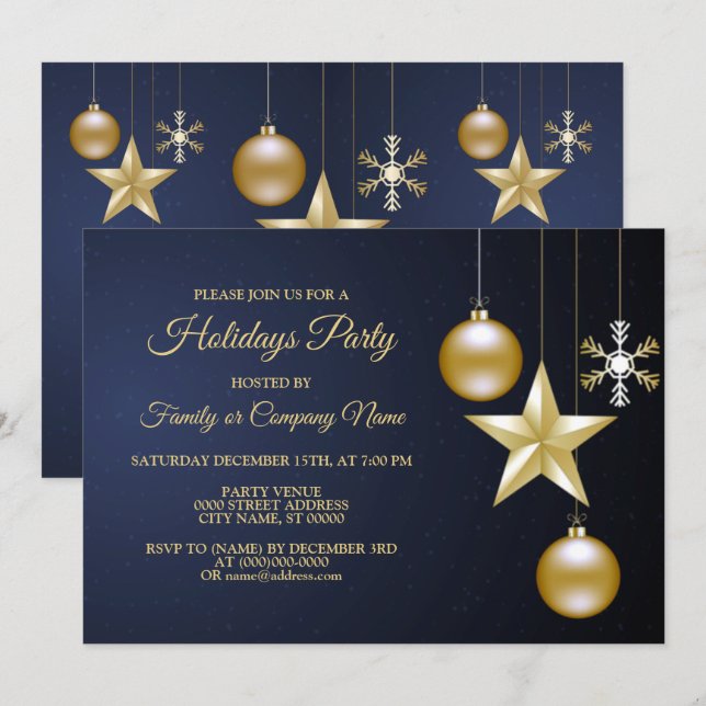 Christmas Party Golden Ornaments Navy Blue Elegant Invitation (Front/Back)