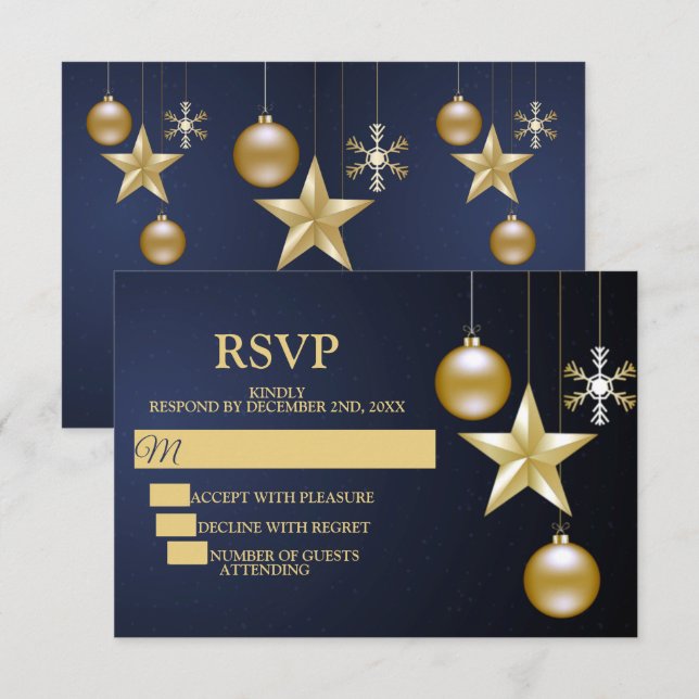 Christmas Party Golden Ornaments Navy Blue Elegant RSVP Card (Front/Back)