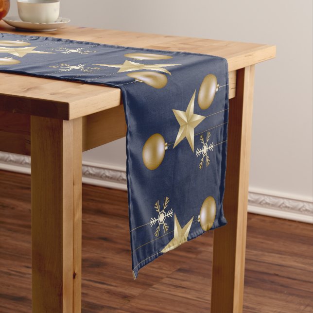 Christmas Party Golden Ornaments Navy Blue Elegant Short Table Runner (In Situ)