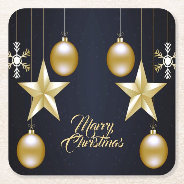 Christmas Party Golden Ornaments Navy Blue Square Paper Coaster (Front)