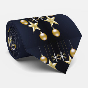 Christmas Party Golden Ornaments Navy Blue Tie