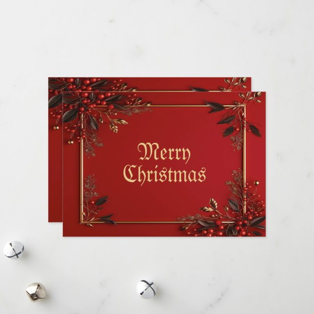 Christmas Party Golden Red Leaves Holidays Elegant Holiday Card (Front/Back In Situ)