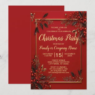 Christmas Party Golden Red Leaves Holidays Invitation
