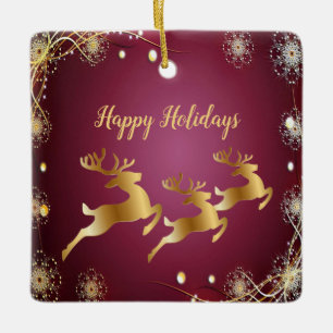 Christmas Party Golden Reindeers Red Pink Elegant Ceramic Ornament