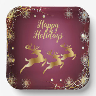Christmas Party Golden Reindeers Red Pink Elegant Paper Plate