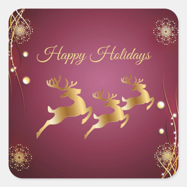 Christmas Party Golden Reindeers Red Pink Elegant Square Sticker (Front)