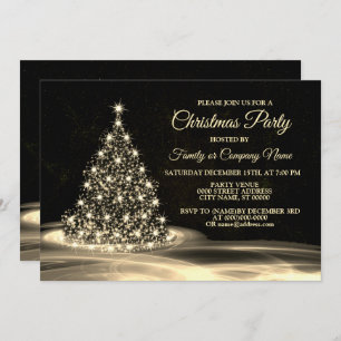 Christmas Party Golden Shiny Tree Winter Black Invitation