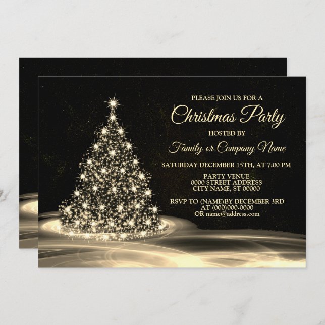 Christmas Party Golden Shiny Tree Winter Black Invitation (Front/Back)