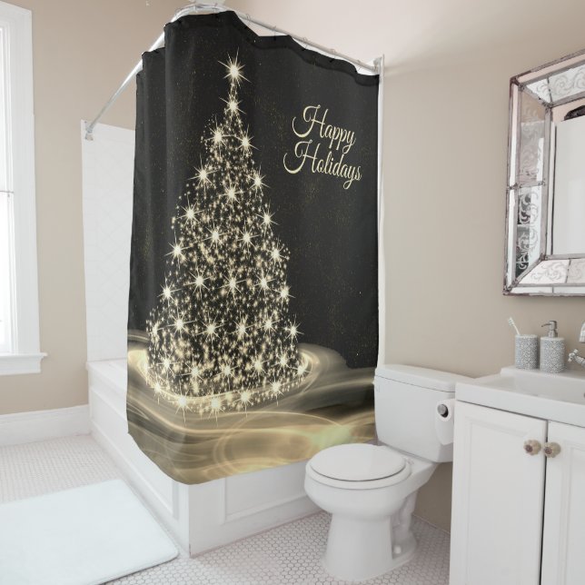 Christmas Party Golden Shiny Tree Winter Black Shower Curtain (In Situ)