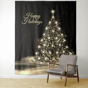 Christmas Party Golden Shiny Tree Winter Black Tapestry