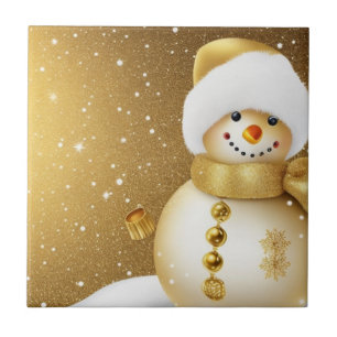 Christmas Party Golden Snowman Snowflakes Holidays Ceramic Tile