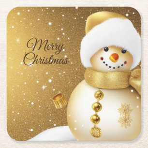 Christmas Party Golden Snowman Winter Holiday Square Paper Coaster