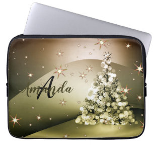 Christmas Party Golden Tree Monogram Sparkle Stars Laptop Sleeve